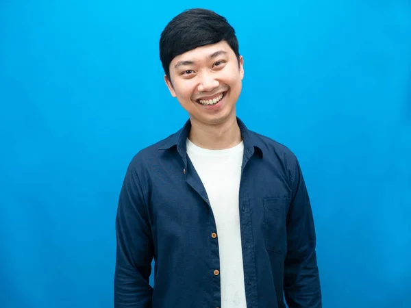 Cheerful Asian Man Happy Smile Portrait Blue Background — Fotografia de Stock