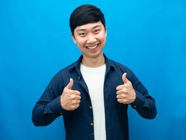 Asian Man Happy Smile Show Thumb Blue Background — Fotografia de Stock