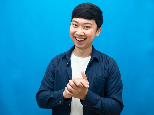 Portrait Asian Man Happy Emotion Joy Hand Laugh Happiness Blue — Zdjęcie stockowe