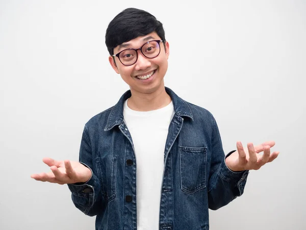 Cheerful Man Wearing Glasses Jeans Shirt Smile Gesture Dont Know — Stockfoto