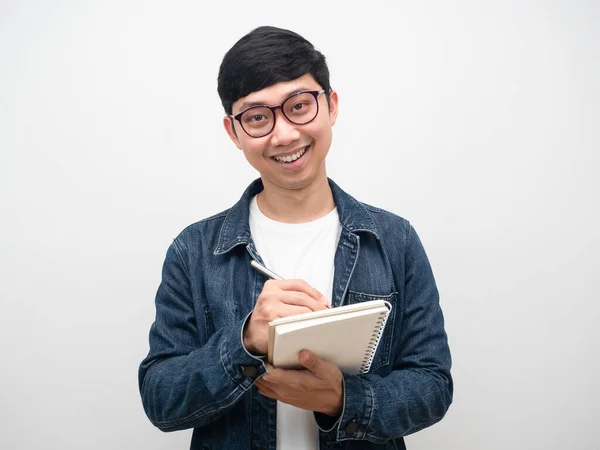 Portrait Asian Man Wearing Glasses Jeans Shirt Smile Holding Dairy — Stock Photo, Image