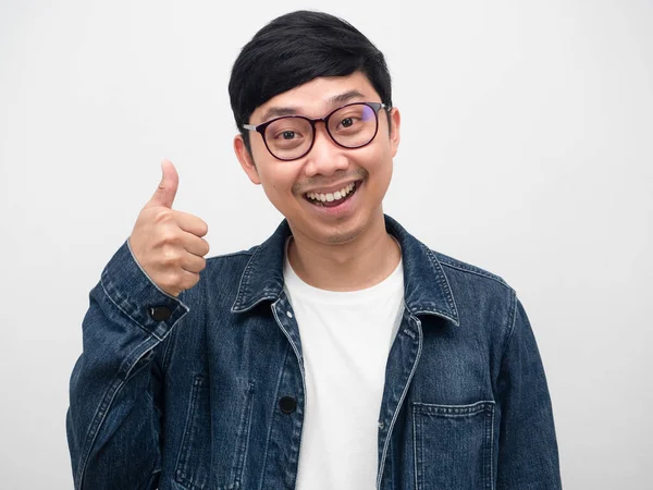 Man Jeans Shirt Smiling Thumb Isolated Glasses Man Cheerful Portrait — Stockfoto