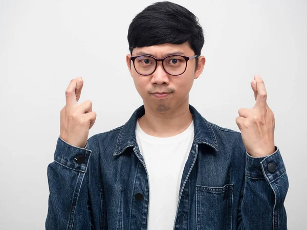 Man Wearing Glasses Jeans Shirt Show Crossing Finger Isolated — Stockfoto
