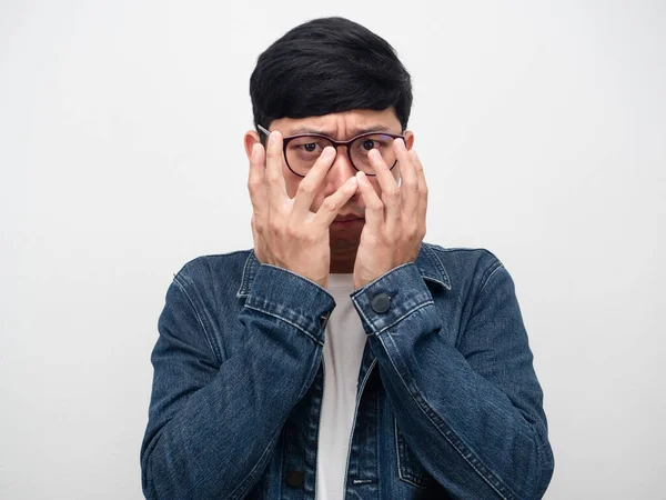 Portrait Man Jeans Shirt Wearing Glasses Hand Close His Face — Stockfoto
