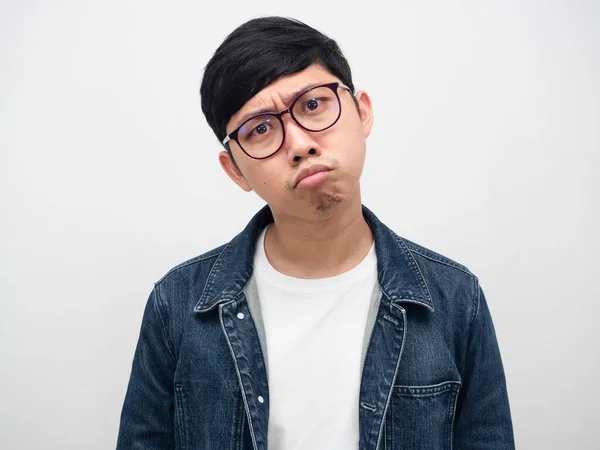 Man Glasses Jeans Shirt Confused Face Portrait Studio Shot — Fotografia de Stock