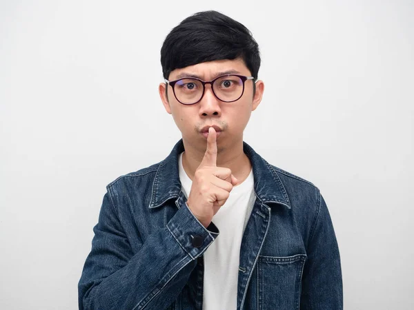Man Jeans Shirt Wearing Glasses Serious Face Finger Close Mouth — Stockfoto