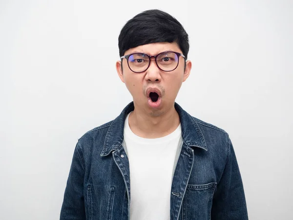 Man Wearing Glasses Jeans Shirt Say Angry Face — Stockfoto