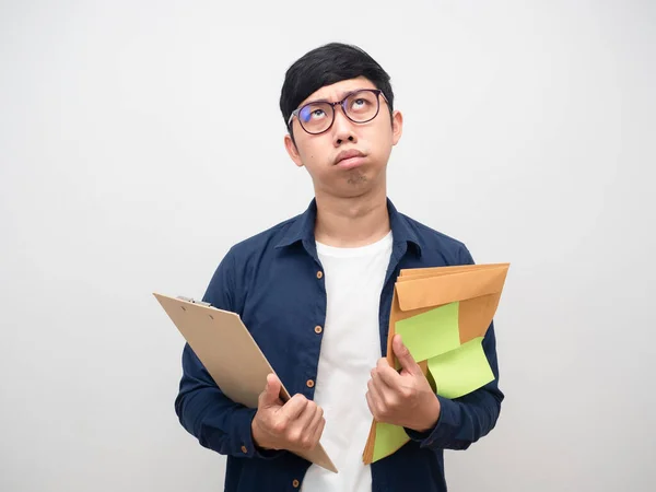 Young Man Wearing Glasses Tried Much Work Holding Many Document — 图库照片