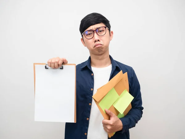 Sadness Businessman Showing Document Tried Much Work Isolated — Stockfoto