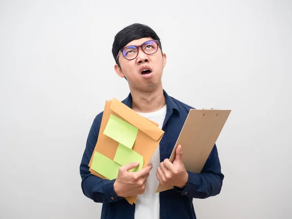 Man Tried Much Work Holding Document Papers Man Disheartened Work — Stockfoto