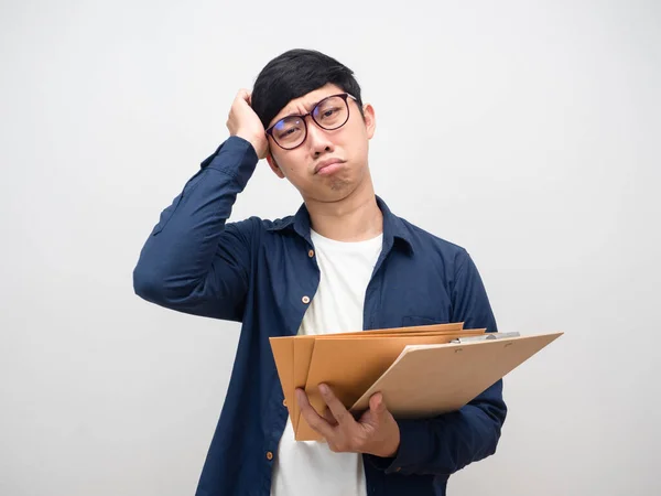 Office Worker Man Disheartened Much Work Holding Document Papers Businessman — Stockfoto