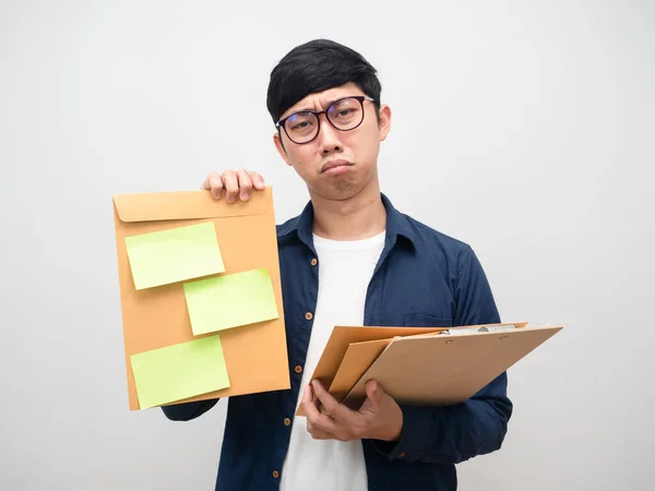 Sadness Businessman Showing Document Papers Tried Much Work Isolated — Foto de Stock