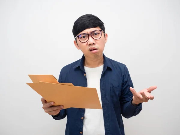 Young Man Wearing Glasses Angry Face Holding Much Work Isolated — ストック写真