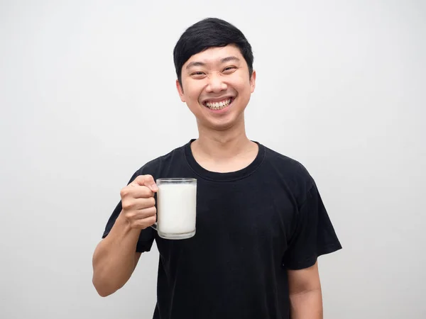 Portrait Young Man Healthy Holding Glass Milk Happy Smiling — Photo