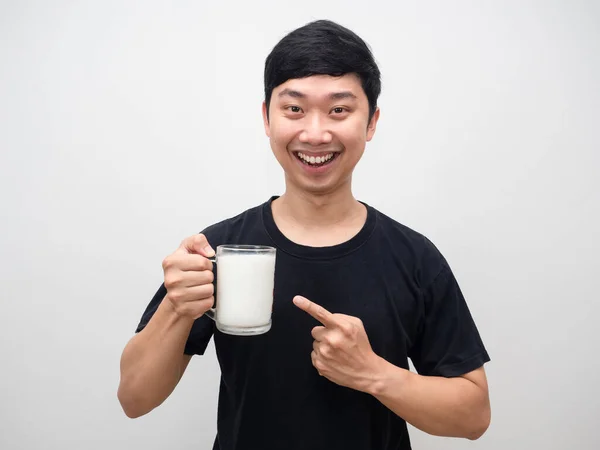 Cheerful Asian Man Point Finger Glasses Milk Smiling Happy — Photo