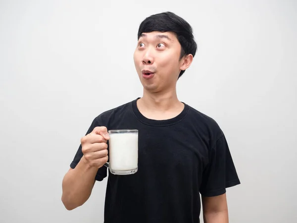 Healthy Man Amazed Holding Milk Isolated — Photo
