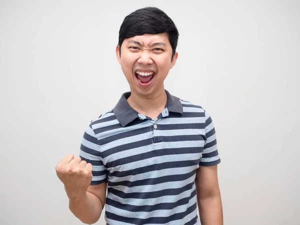 Asian Man Blue Shirt Gesture Satisfy Happy Emotion Fist —  Fotos de Stock