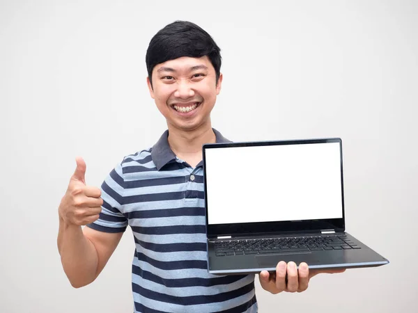 Portrait Cheerful Man Striped Shirt Thumb Holding Laptop White Screen — Photo