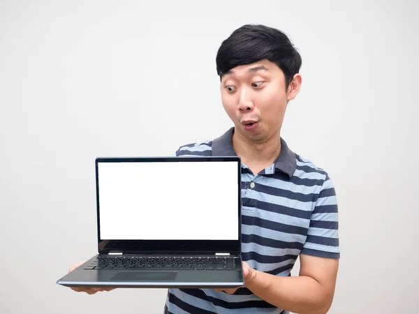 Man Striped Shirt Excited Emotion Looking Laptop White Screen — Zdjęcie stockowe