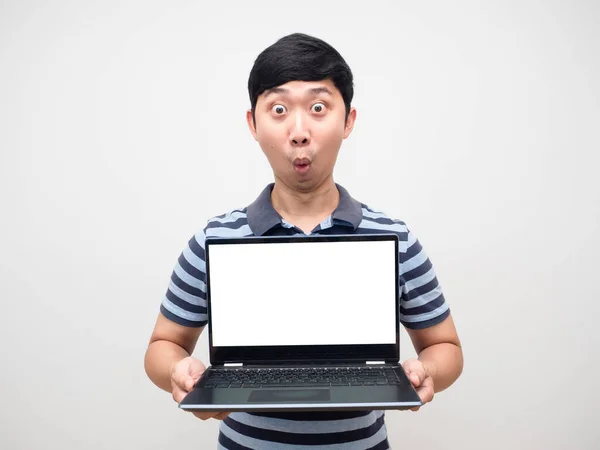 Young Man Amazed Emotion Holding Laptop White Screen Isolated — Stock fotografie