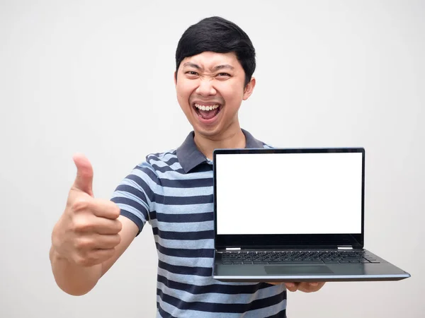 Portrait Man Striped Shirt Satisfied Thumb Holding Laptop White Screen — Zdjęcie stockowe