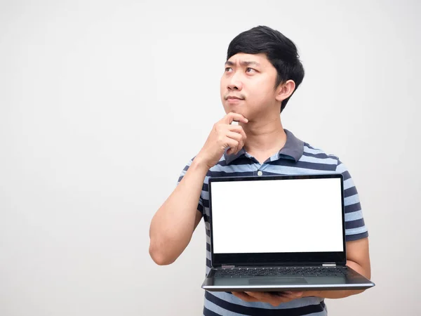 Yong Man Striped Shirt Holding Laptop White Screen Gesture Thinking —  Fotos de Stock