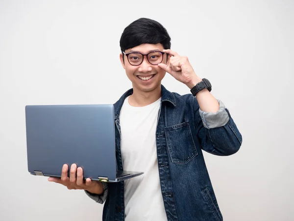 Portrait Man Wearing Glasses Happy Smile Holding Laptop Looking Camera — Stock Photo, Image