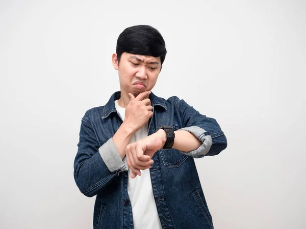 Asian Man Jeans Shirt Serious Emotion Looking His Watch Isolated — Fotografia de Stock