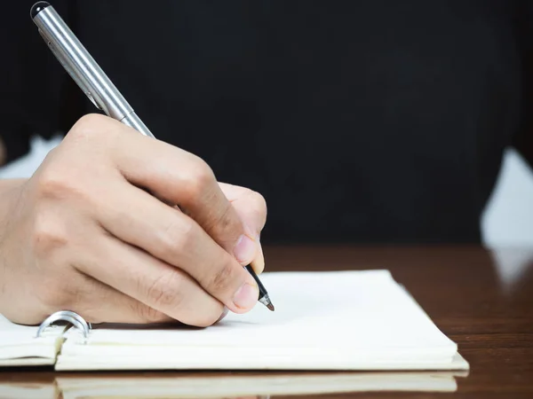 Close Man Hand Writing Pen Diary Page Table — Fotografia de Stock