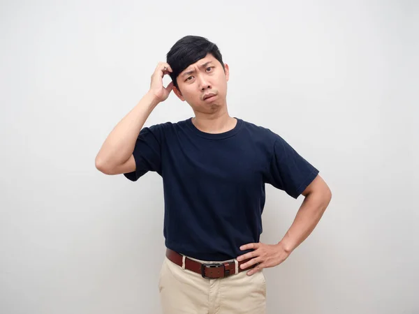 Man Doubt Confused Face Scratch Head Standing Studio Shot Isolated — Fotografia de Stock