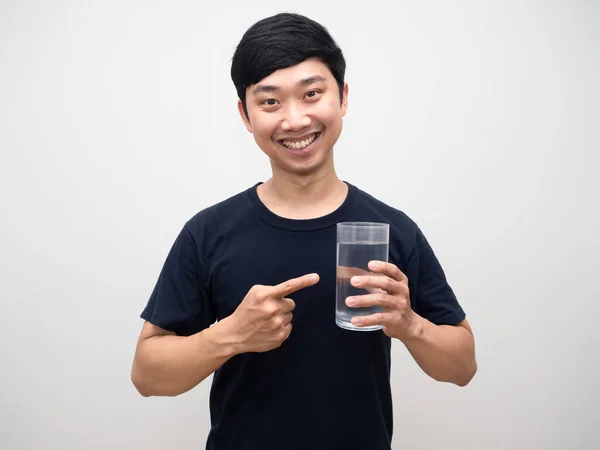 Cheerful Asian Man Point Finger Glass Water White Background — Fotografia de Stock