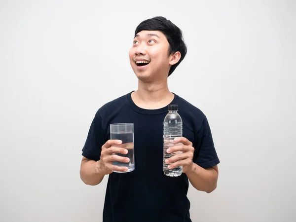 Asian Man Holding Glass Water Bottle Feels Excited Looking — Photo