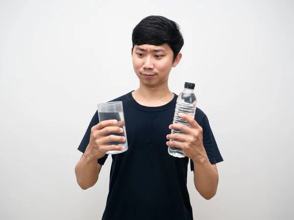 Positive Asian Man Looking Glass Water Bottle Hand — Photo