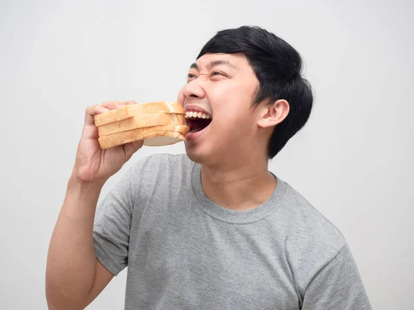 Primer Plano Alegre Hombre Hambriento Comer Sándwich Siente Delicioso Estudio — Foto de Stock