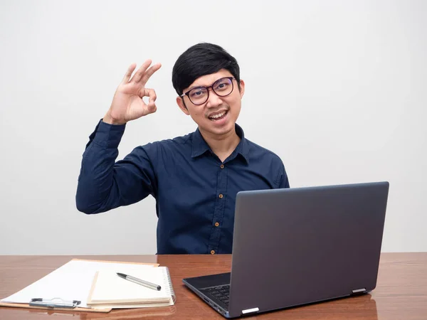 Young Business Man Hand Sit Workplace White Background — Zdjęcie stockowe
