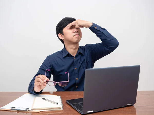 Man Tried Working Take Glasses Feels Eyestrain Headache — Stockfoto