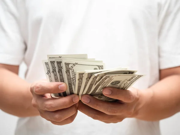 Closeup Man Hand Holding Money Counting Earning Salary — Stock Photo, Image