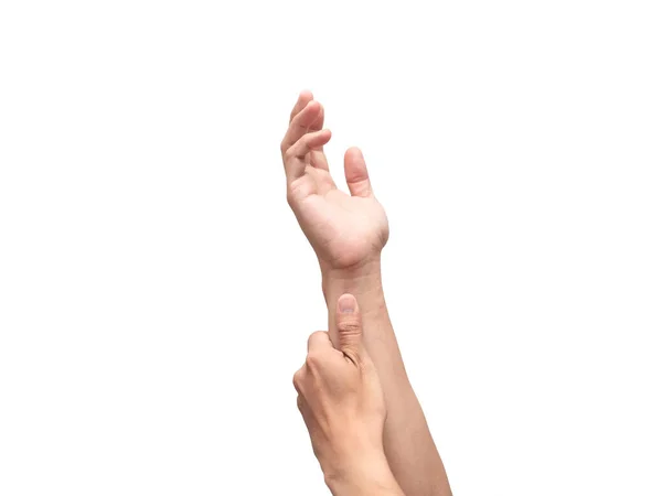 Чоловіча Рука Торкається Руки Ізольовані Білі — стокове фото