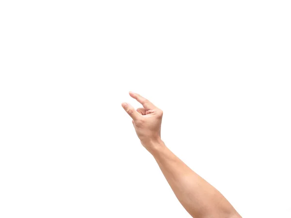 Linke Männliche Hand Fängt Etwas Mit Dem Finger Weiß Isoliert — Stockfoto