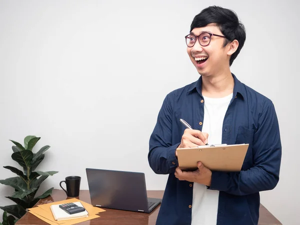 Cheerful Businessman Writing Document Smile Looking Copy Space Stand Workplace — Stock fotografie