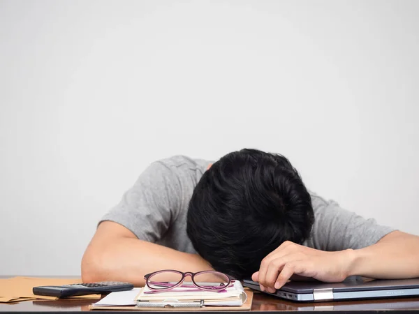 Man Laying Head Working Desk Tried Working — Stockfoto