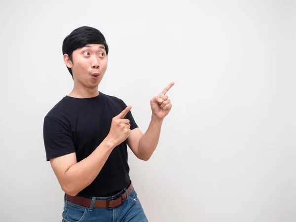Young Man Feels Amazed Gesture Point Finger Isolated — 图库照片