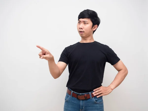 Young Man Stand Gesture Point Finger Command Isolated — 스톡 사진