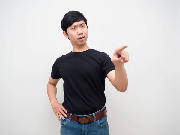 Young Man Stand Gesture Point Finger Order Serious Face Isolated — Fotografia de Stock