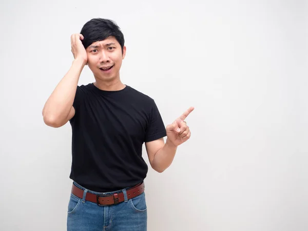 Young Man Black Shirt Confused Scratch Head Point Finger Smile — Fotografia de Stock