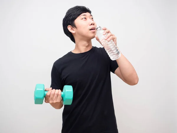 Man Hold Dumbbell Drinking Water Workout Isolated — Stockfoto