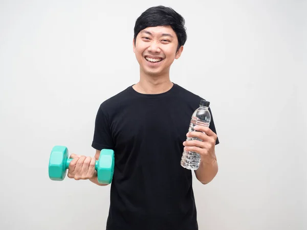 Веселый Человек Держит Гантель Концепцией Бутылки Воды Тренировки Изолированы — стоковое фото