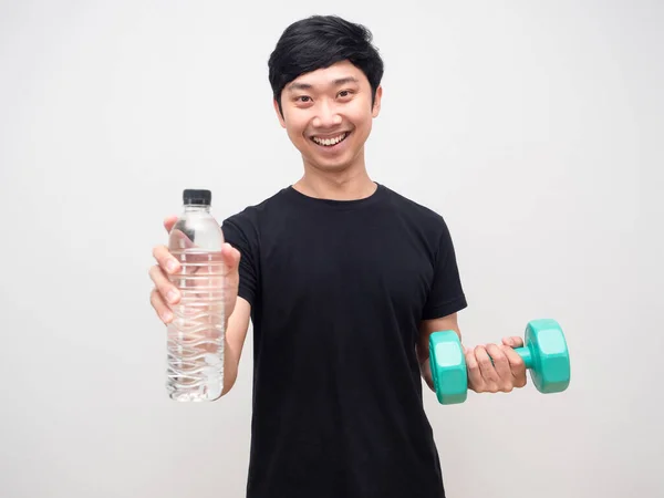 Healhty Man Smile Hold Dumbbell Giving Water Bottle You — Fotografia de Stock