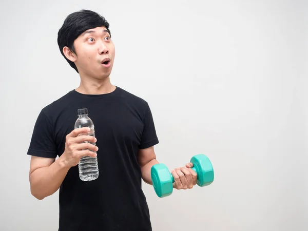 Asian Man Hold Dumbbell Water Bottle Feels Shocked Looking Copy — Foto de Stock