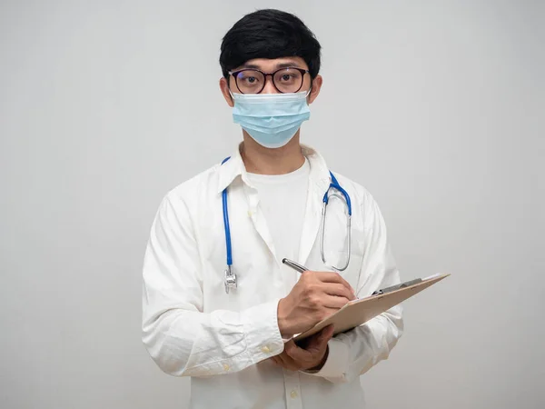 Young doctor hold check list wood board portrait